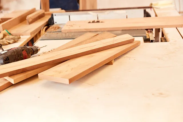 tablones de madera sobre emsa de taller de carpinteria